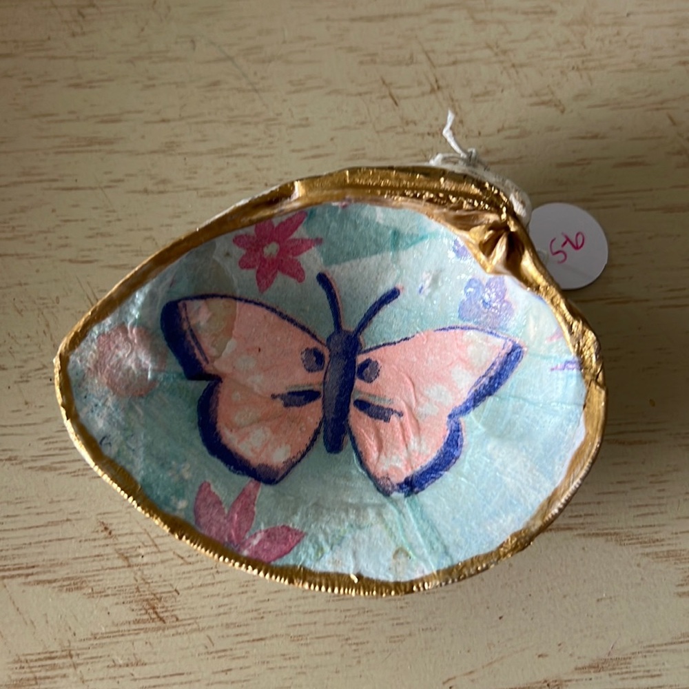 Clam Shell Ring Earrings trinket Holder with Decoupage Butterfly